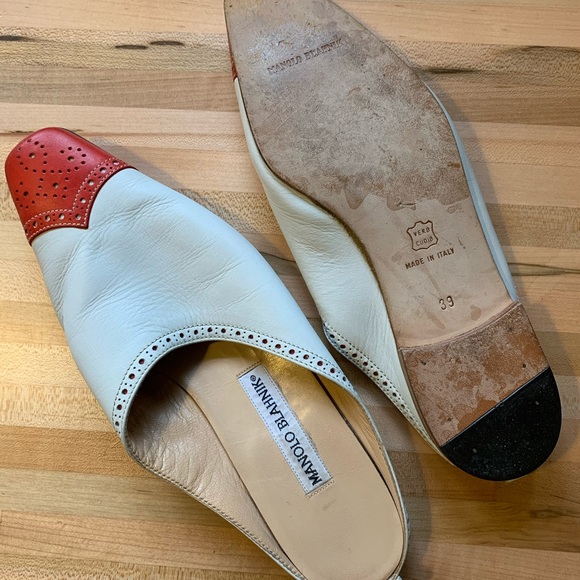 Manolo Blahnik mule flats red tip white western